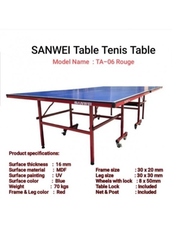 โต๊ะปิงปอง Sanwei TA-06 16 mm. โครงเหล็ก (MDF + เคลือบ UV 6 ชั้น เด้งเทียบเท่า 20 mm. Particle Board แต่ทนกว่า น้ำหนักเบากว่า)